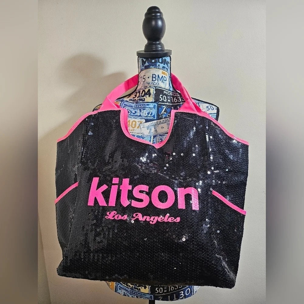 Y2K Kitson Los Angeles Black and Pink Patent Sequin Tote Shoulder Bag